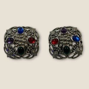 Vintage Multi-Stone Clip-On Earrings With Silver-Tone Filigree Design